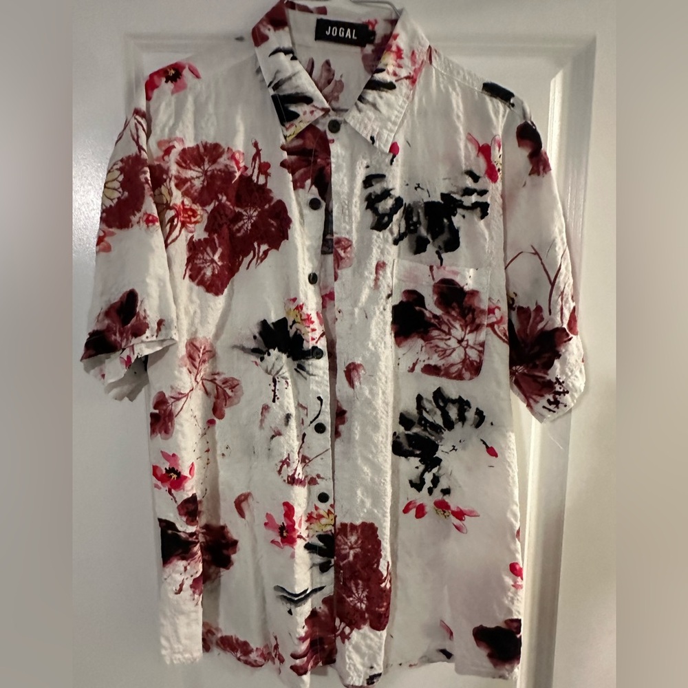 Red and Black Casual Button Down Shirt with Artistic Floral Design